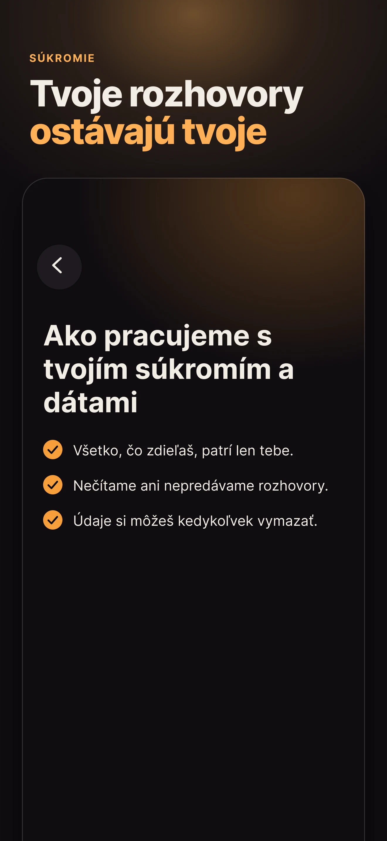 Obrazovka aplikácie Headformers vysvetľujúca ochranu súkromia a údajov